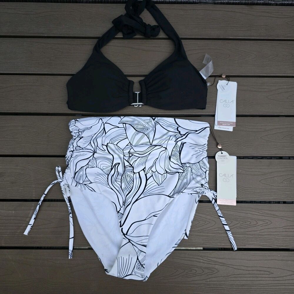 CALIA Women Black U-bar Halter Top & High Rise Adjustable Bikini Sz S New